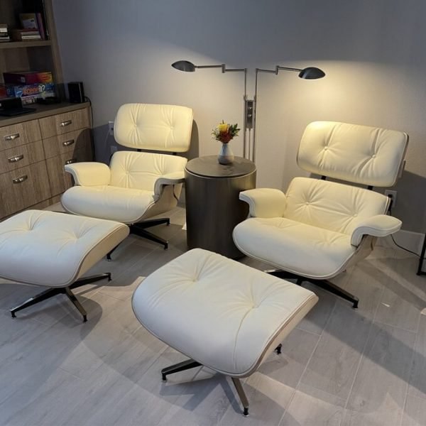 Genuine leather dining table with ottoman, classic mid-century lounge chair