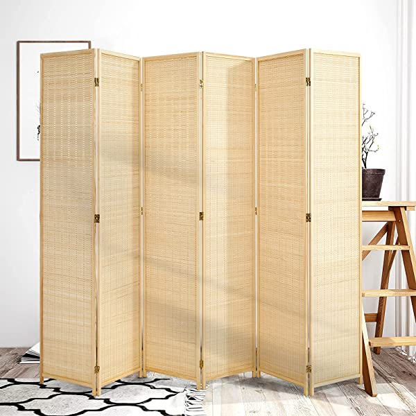 oneinmil Bamboo Room Divider, Semi-Private Folding Portable Partition Screen with Two-Way Hinge, Handmade Bamboo and Wood, 6 Panel