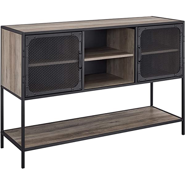 Walker Edison Malcomb Urban Industrial Metal Mesh Double Door Rolling Bar Cabinet, 33 Inch, Rustic Oak Rustic Oak 33 Inch