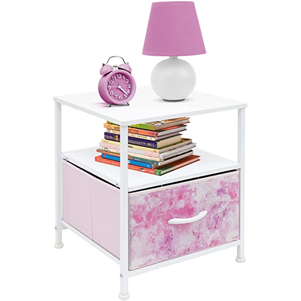 Sorbus Nightstand 1-Drawer Shelf Storage- Bedside Furniture & Accent End Table Chest for Home, Bedroom, Office, College Dorm, Steel Frame, Wood Top, Easy Pull Fabric Bins (Rustic Wood)