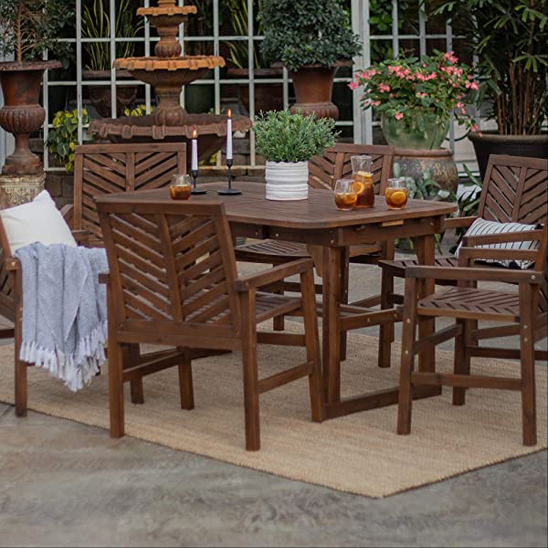 Walker Edison 5 Person Outdoor Wood Chevron Patio Furniture Dining Set Table Chairs Bench All Weather Backyard Conversation Garden Poolside Balcony, 4 Piece, Brown Brown 4 Piece Dining Set