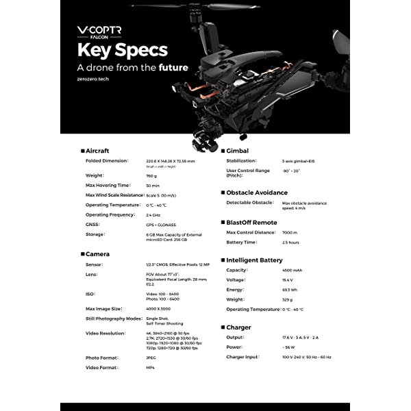 V-COPTR FALCON Bi-Copter Drone Copter UAV Aircraft with 3-Axis Gimbal Camera, 4K Video, upto 50 Min Flight Time, 1/2.3-Inch CMOS Sensor, Obstacle Avoiding, Tilt Rotor Control, Autofollow