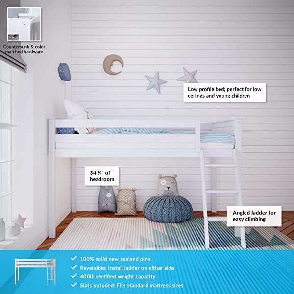 Max & Lily Twin Low Loft Bed with Staircase, White White Low Loft + Staircase Bed