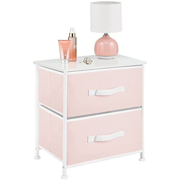 mDesign Storage Dresser End/Side Table Night Stand Furniture Unit - Small Standing Organizer for Bedroom, Office, Living Room, and Closet - 2 Drawer Removable Fabric Bins - Gray/White Grey