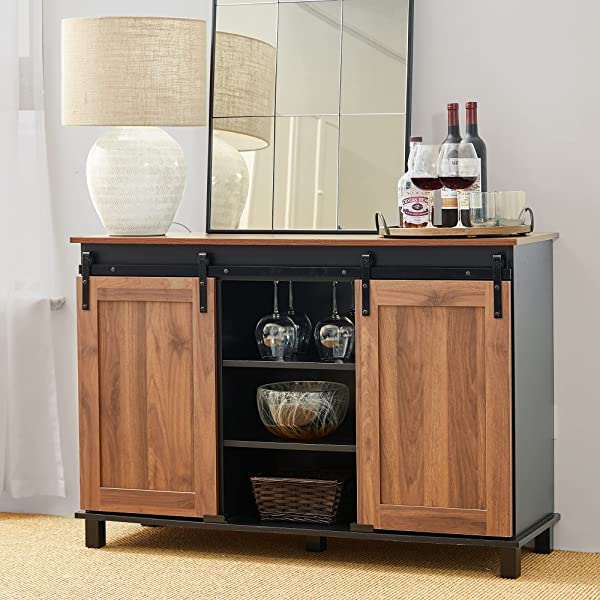 Glitzhome Wood Rustic Wine Cabinet 2-Sections Bar Cabinet with Wine Storage 31.5”L Sideboard Table with Drawers Wood Sideboard with Wine Display for Kitchen Dining Room 2 piece