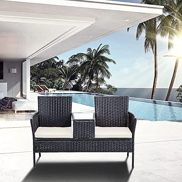 Outdoor Patio Loveseats, Patio Conversation Set with Cushions and Table, Wicker Sofa Set with Built-in Coffee Table, Tempered Glass Top, Modern Rattan Sofas for Garden Lawn Backyard Beige