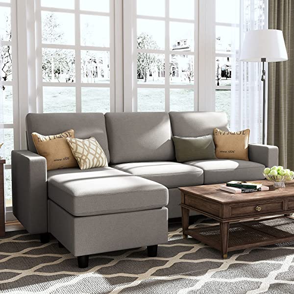 HONBAY Convertible Sectional Sofa Couch, L-Shaped Couch with Modern Linen Fabric for Small Space Dark Grey