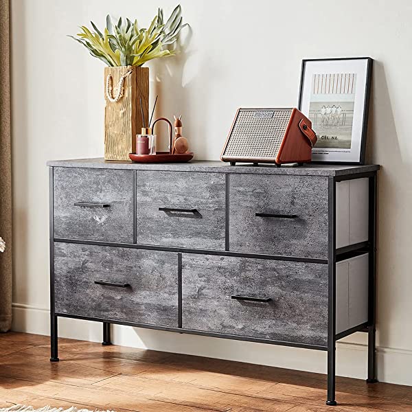 5 Drawer Dresser Long Wide Chest of Drawers Nightstand with Wood Top Rustic Storage Tower Storage Dresser Closet for Living Room, Bedroom, Hallway, Nursery, Kid Weathered Grey