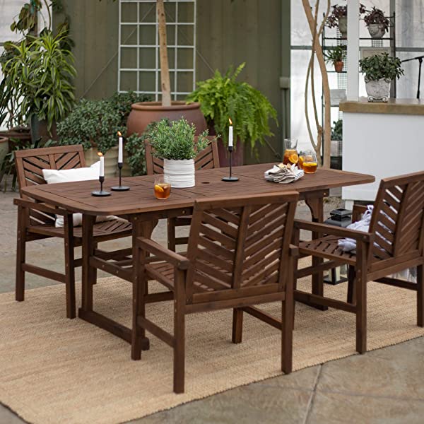 Walker Edison 5 Person Outdoor Wood Chevron Patio Furniture Dining Set Table Chairs Bench All Weather Backyard Conversation Garden Poolside Balcony, 4 Piece, Brown Brown 4 Piece Dining Set