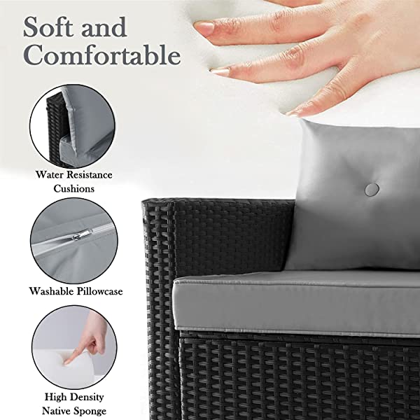 Allewie Dark Grey Patio Conversation Set, 3 Pieces PE Wicker Rattan Outdoor Furniture Set, Lounge Sofa and Loveseat with Cushions, Tempered Glass Coffee Table (Black & Dark Grey) Dark Grey & Black