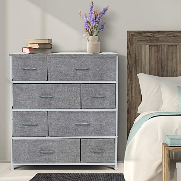Sorbus Dresser with 8 Drawers - Furniture Storage Chest Tower Unit for Bedroom, Hallway, Closet, Office Organization - Steel Frame, Wood Top, Easy Pull Fabric Bins (White)