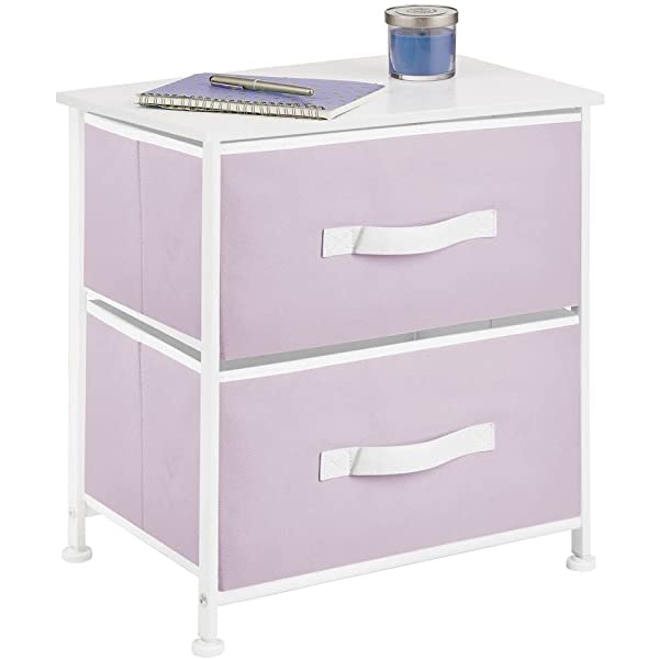 mDesign Storage Dresser End/Side Table Night Stand Furniture Unit - Small Standing Organizer for Bedroom, Office, Living Room, and Closet - 2 Drawer Removable Fabric Bins - Gray/White Grey
