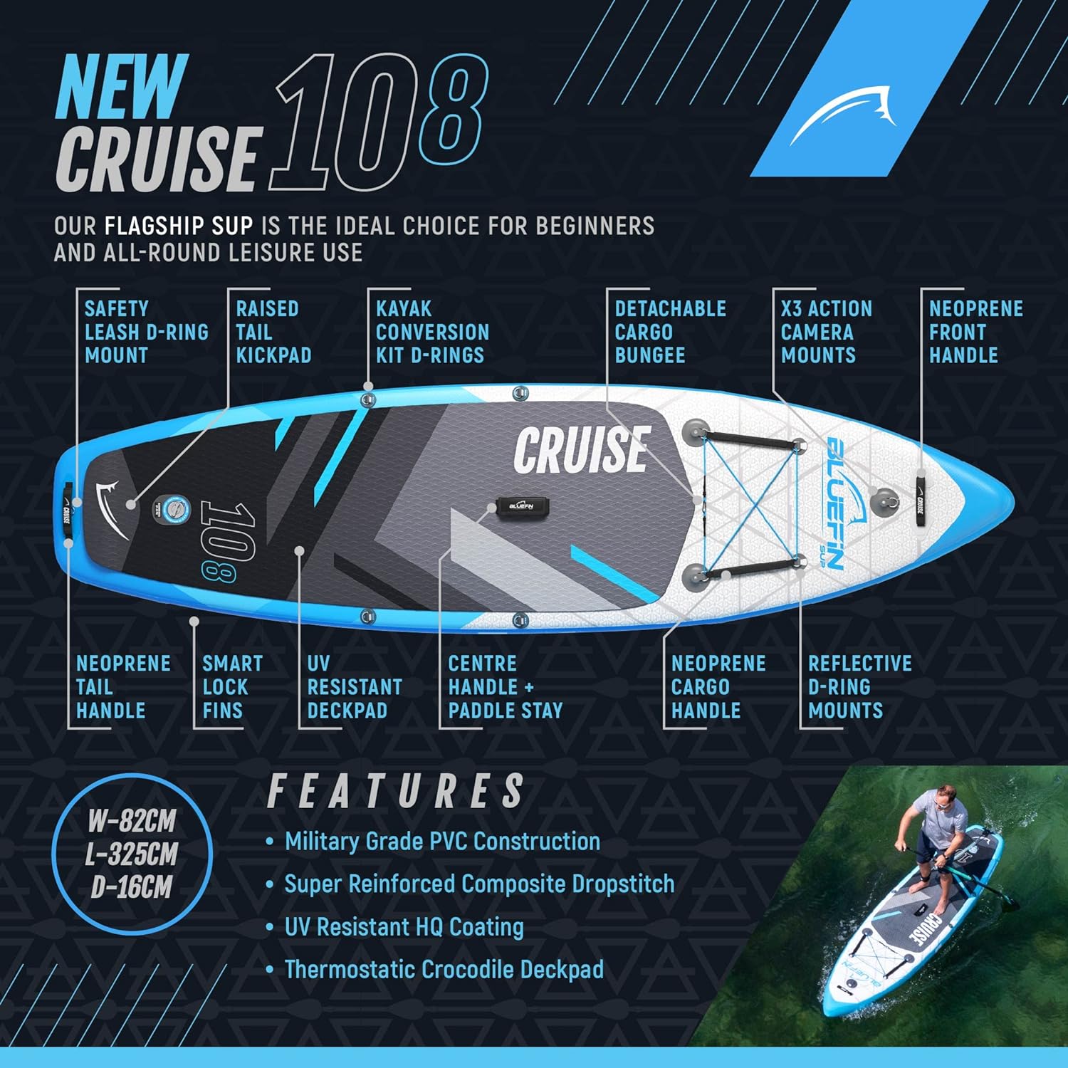 Bluefin Cruise SUP Inflatable Stand Up Paddle Board | Premium Paddleboard Accessories | Multiple sizes: Kids, 9'8, 10'4, 10’8, 12’, 15'