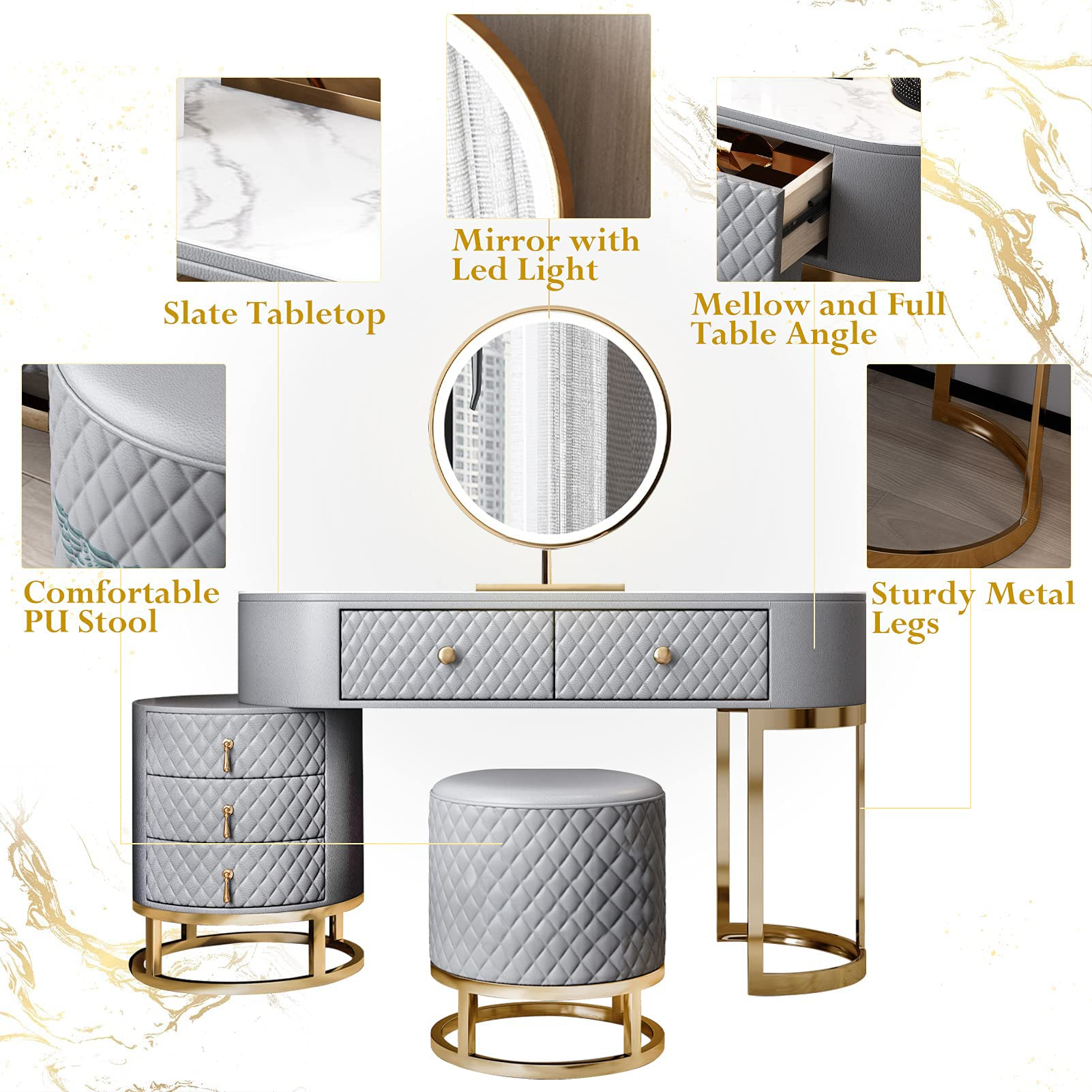 【Furniture】【BS】Dresser Table Vanity Makeup Table Set Makeup with 5 Drawers Dressing Table with Lighted Mirror