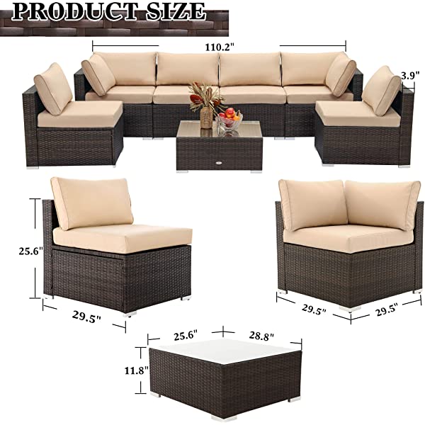 LayinSun 7 Piece Patio Furniture Sets, Outdoor Sectional Patio Conversation Set Wicker Rattan Sofa Chair Set with Cushion and Glass Table Beige