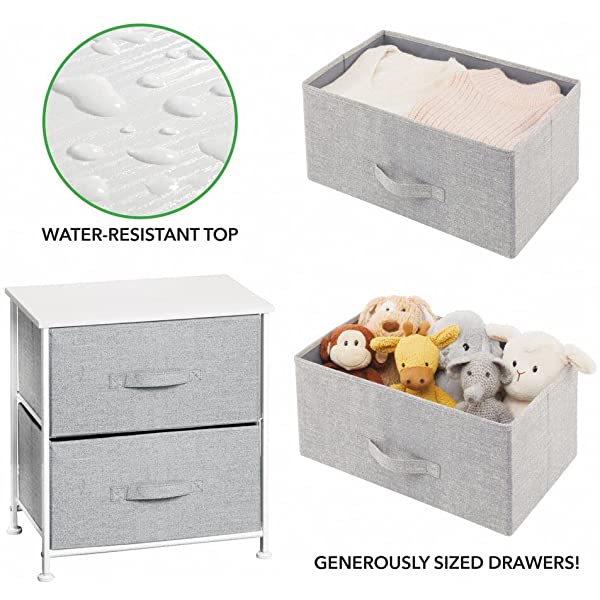 mDesign Storage Dresser End/Side Table Night Stand Furniture Unit - Small Standing Organizer for Bedroom, Office, Living Room, and Closet - 2 Drawer Removable Fabric Bins - Gray/White Grey