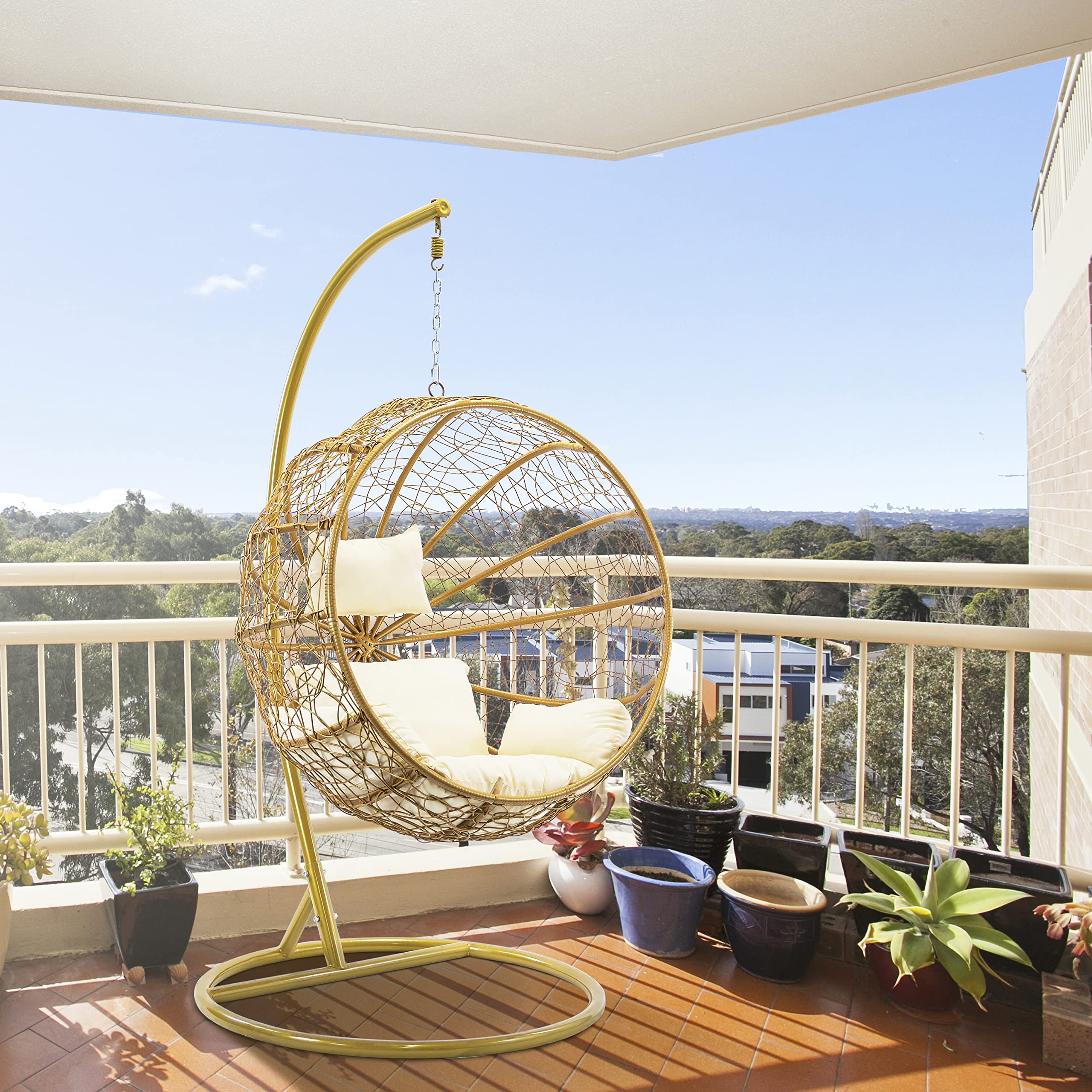 【Home&Garden】Porch Swing Chair with Stand, Cushion & Pillow, Goldden Egg Rattan Wicker Swing Hanging Chair