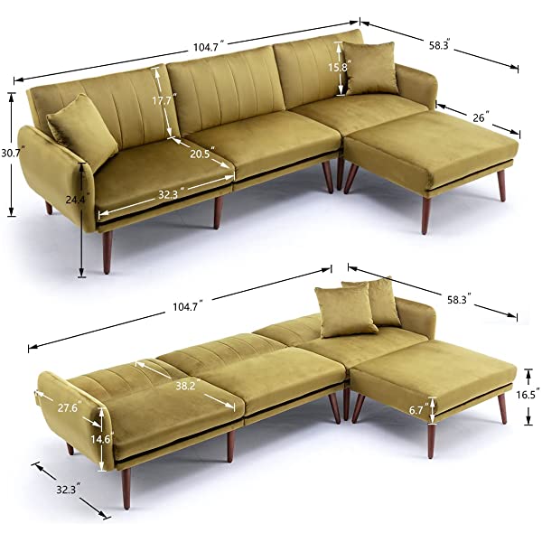 JOMEED Convertible Sectional Sofa Bed with Adjustable Backrest Modern Velvet Fabric L-Shaped Couch with Extra 2 Pillows Wide Chaise Lounge for Living Room (Orange)