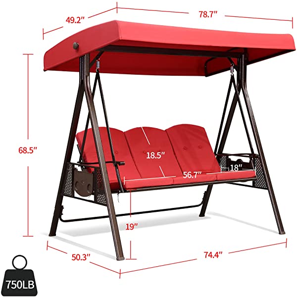 PURPLE LEAF 3-Seat Deluxe Outdoor Patio Porch Swing with Weather Resistant Steel Frame, Adjustable Tilt Canopy, Cushions and Pillow Included, Beige 74.4