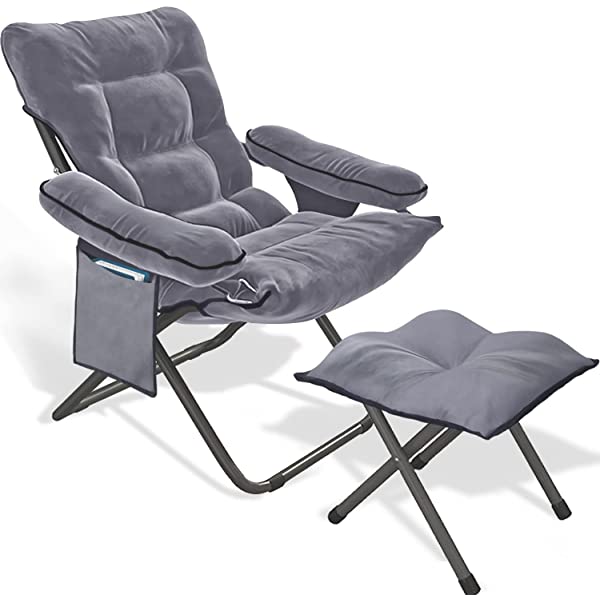 VOJUEAR Modern Accent Fabric Lazy Chair with Ottoman, Upholstered Lounge Reclining Armchair with Side Pocket for Adults or Kids,Upholstered Lounge Leisure Armrest Sofa Chair (CharcoalGrey)