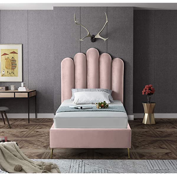 Meridian Furniture Lily Collection Modern | Contemporary Velvet Upholstered Bed with Deep Channel Tufting and Custom Gold Steel Legs, Queen, Cream Cream Queen