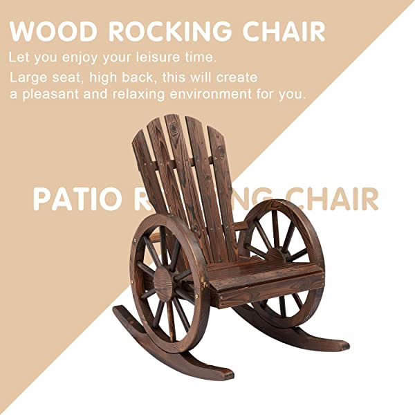 Kinsunny Rustic Wood Wagon Rocking Chair Outdoor Patio Lounge Rocker Set with Wheel Armrest for Garden, Country, Yard 1pc