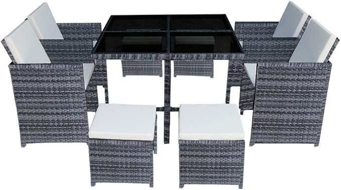 Panana 8 Seater Rattan Garden Furniture Set Dining Table and Chairs Stools Set Outdoor Patio and Conservatory Mixed Grey with Beige Cushion