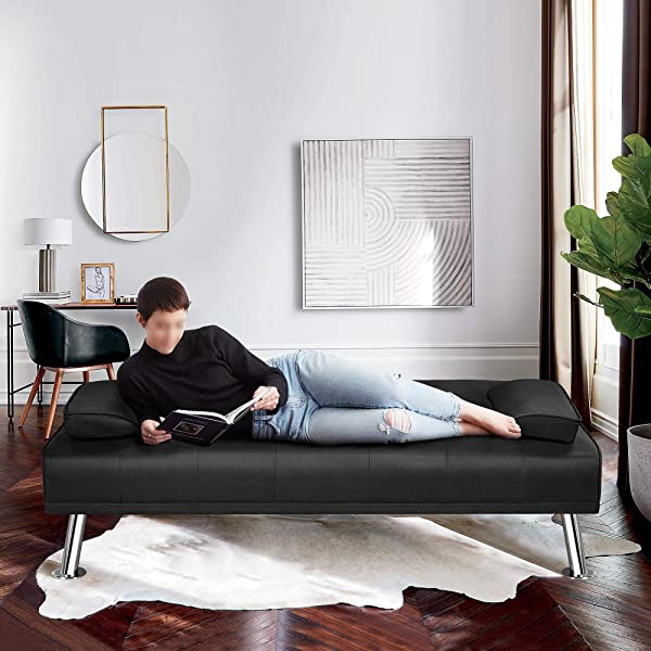 YAHEETECH Linen Fabric Modern Sofa Bed Sectional Couch Bed Folding Recliner Sleeper Reversible Loveseat Convertible Daybed, 2 Cup Holders, 3 Angles, 772lb Capacity, Removable Armrests, Dark Gray