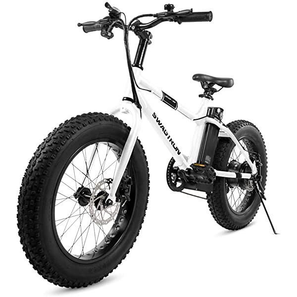 Swagtron EB-6 Bandit E-Bike 350W Motor, Power Assist, 4” Tires, 20” Wheels, Removable 36V Lithium Ion Battery, Dual Disc Brakes– Electric Bike 7-Speed Shimano SIS Shifting Built for Trail Riding White