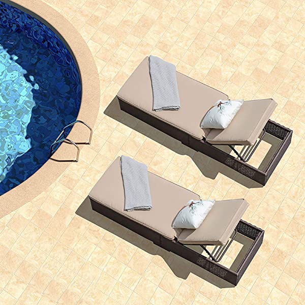 Patiorama Patio Chaise Lounge Chair, Sun Lounger, Outdoor Pool Beach Brown PE Rattan Wicker Reclining Chair W/Adjustable Backrest and Removable Cushion (Beige), Set of 2 2 Brown