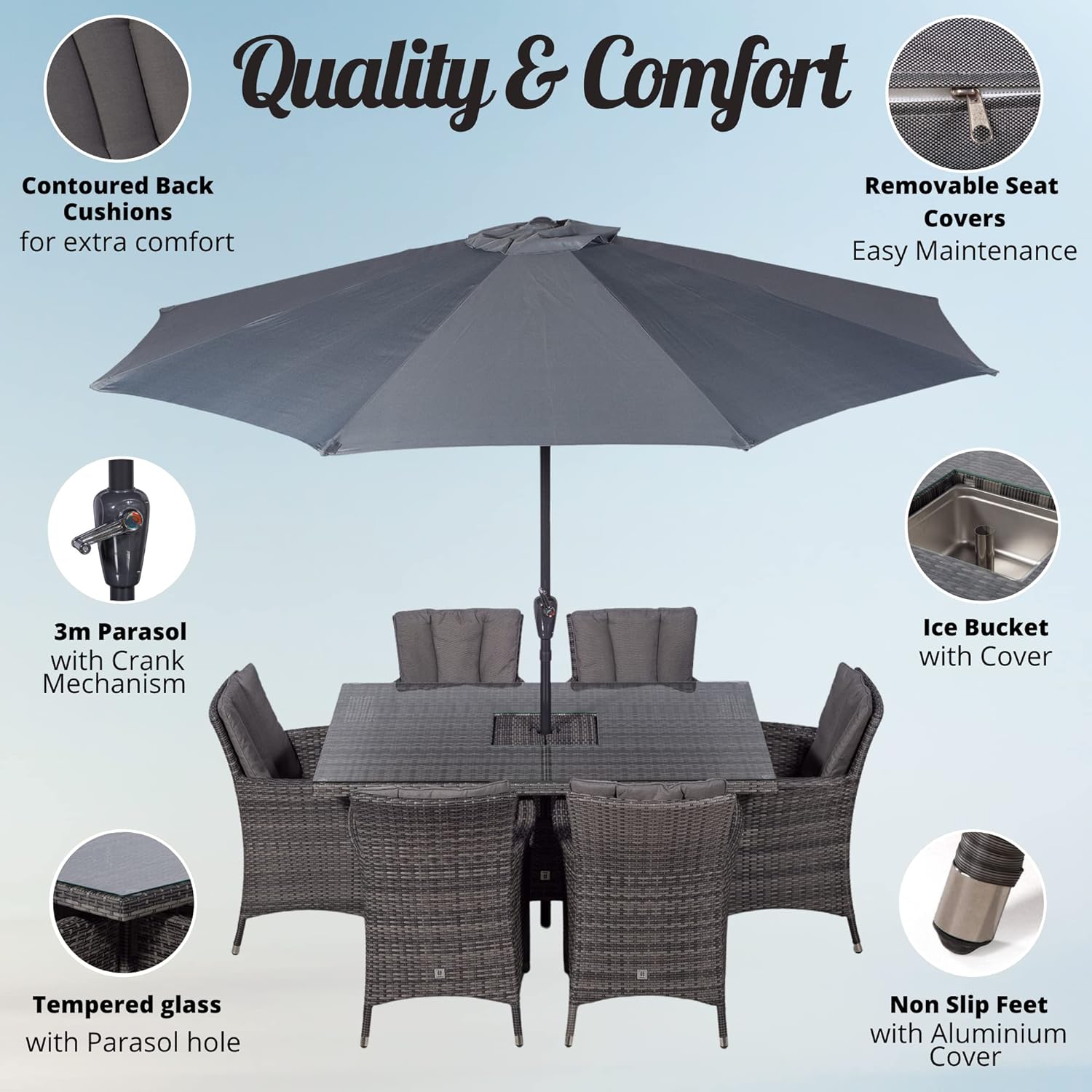 Savannah Rattan Dining Set | Rectangle 6 Seater Brown Rattan Table & Chairs Set with Ice Bucket Drinks Cooler | Outdoor Poly Rattan Garden Dining Furniture Set with Parasol & Cover