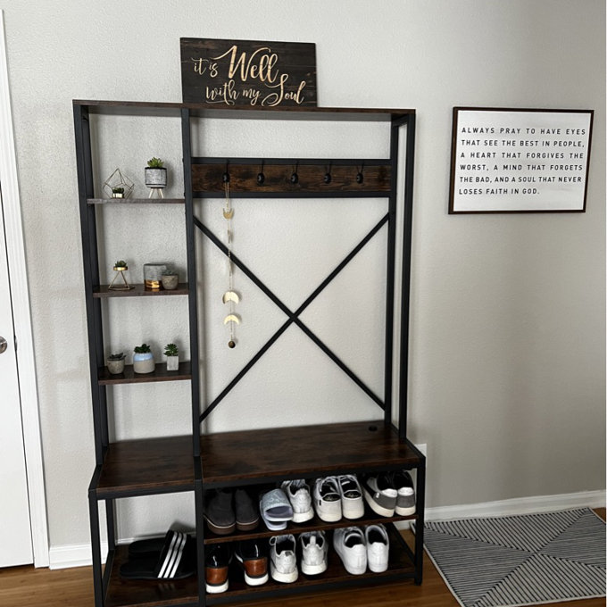 【Furniture】Emelyne 47.2'' Wide Iron Hall Tree with Bench and Shoe Storage