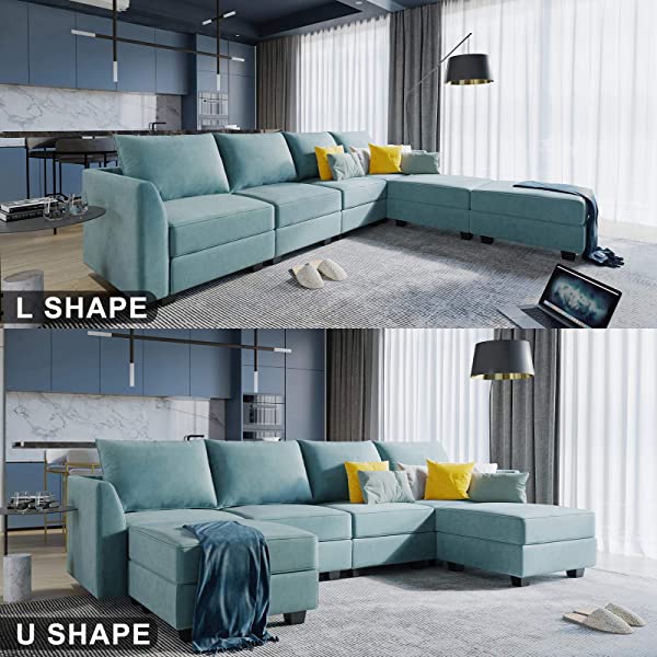 HONBAY Convertible Sectional Sofa U Shaped Couch with Reversible Chaise Modular Oversized Couch Sectional Sofa with Ottomans, Aqua Blue U Shape Sofa-1 Blue