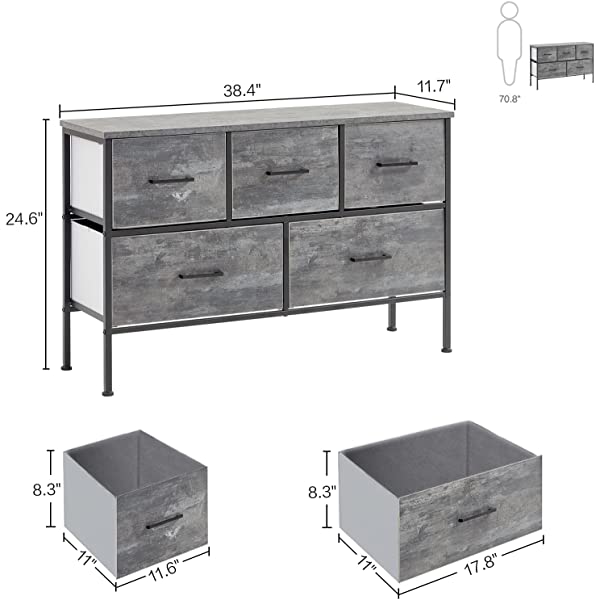 5 Drawer Dresser Long Wide Chest of Drawers Nightstand with Wood Top Rustic Storage Tower Storage Dresser Closet for Living Room, Bedroom, Hallway, Nursery, Kid Weathered Grey