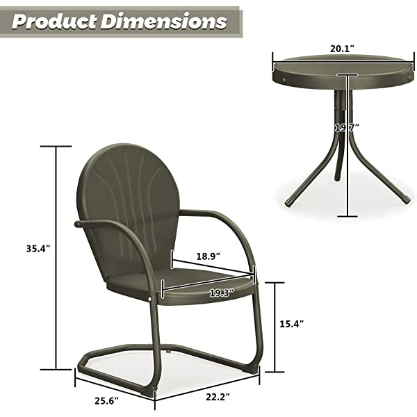 PURPLE LEAF Outdoor Patio Bistro Set, 3 Pieces Retro Porch Furniture Set 2 C-Spring Metal Outdoor Chairs and Round Side Table, Blue