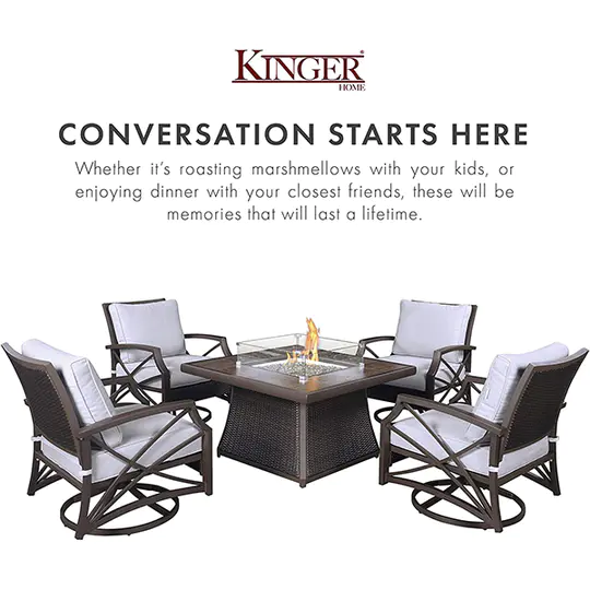 Kinger Home propane brazier table 5-piece set, suitable for outdoor patios, 42-inch stone tile roof LP brazier table, 4 rattan wicker swivel chairs,