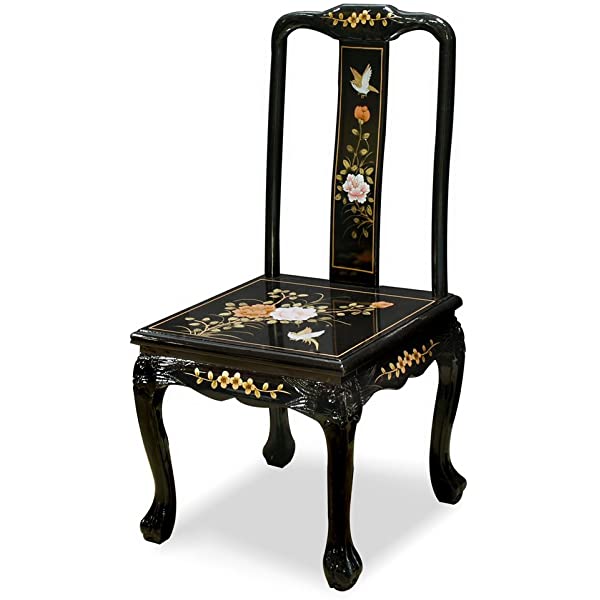 ChinaFurnitureOnline Black Lacquer Oriental Round Dining Table Set 6 Chairs 48in with Pearl Maidens