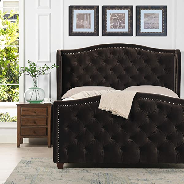 Jennifer Taylor Home Marcella Collection Queen Wingback Tufted Hand-Applied Nail Heads Upholstered Bed, Antique White Antique White Queen