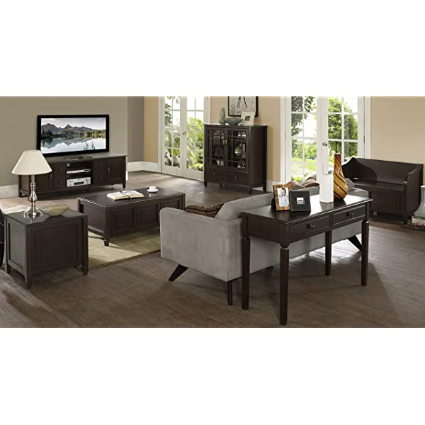 SIMPLIHOME Connaught SOLID WOOD 46 inch Wide Traditional Tall Storage Cabinet in Dark Chestnut Brown, with 2 Tempered Glass Doors that open to a Cabinet with 4 Adjustable Shelves an two Deep Drawers